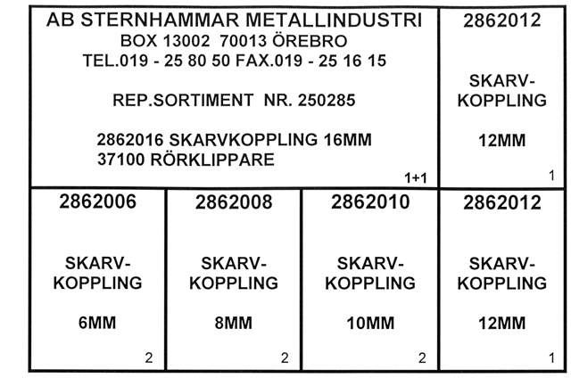 SORTIMENT BROMSSKARVKOPPLINGAR
